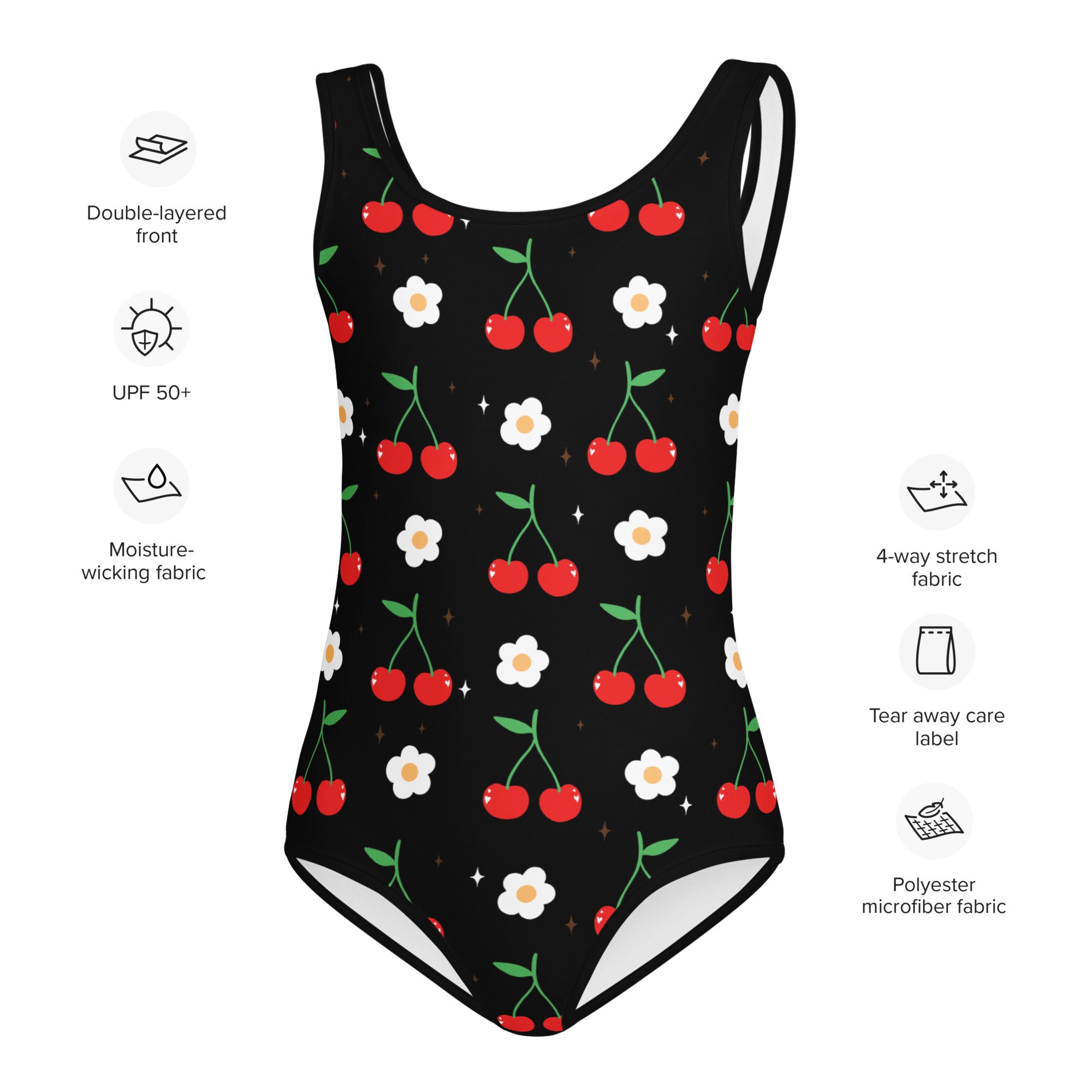 Black one-piece girls swimsuit with cherry blossom pattern on buttery soft stretchy polyester microfiber fabric upf 50+