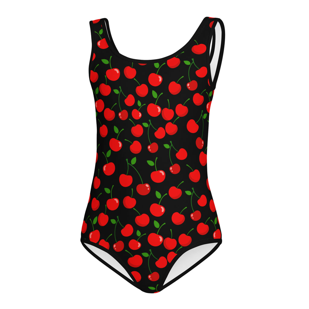 Black girls one-piece leotard with red cherry pattern white trim buttery soft quick drying for dance and gymnastics