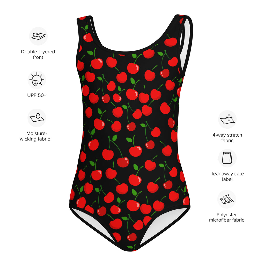 Girls red cherry buttery soft black one-piece swimsuit with vibrant red cherry pattern and green stems made from polyester microfiber