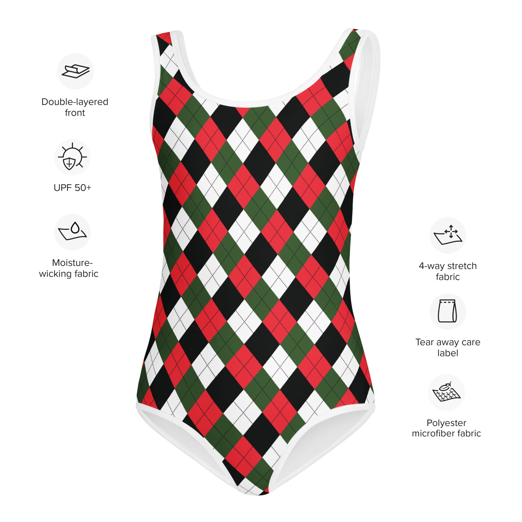 Girls christmas argyle buttery soft one-piece swimsuit with red green and black pattern white trim and UPF 50+ protection