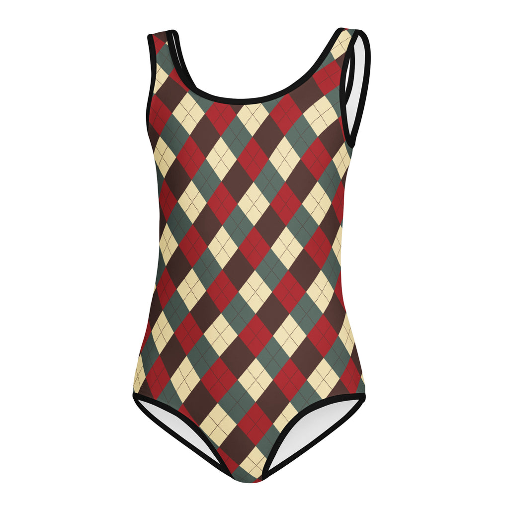 Girls vintage Christmas argyle buttery soft one-piece swimsuit in red beige and dark green quick drying for dance and gymnastics