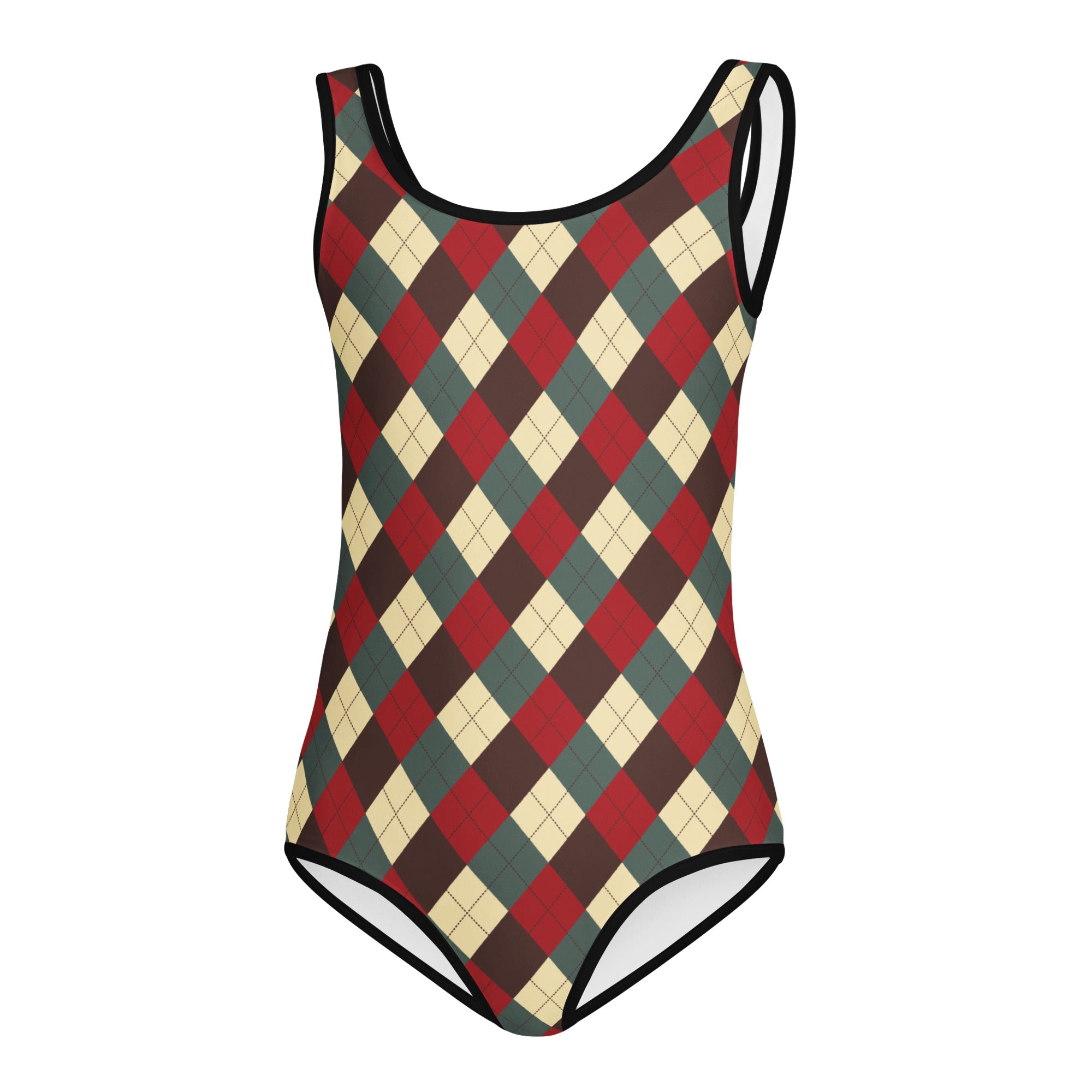 Girls vintage Christmas argyle buttery soft one-piece swimsuit in red beige and dark green quick drying for dance and gymnastics