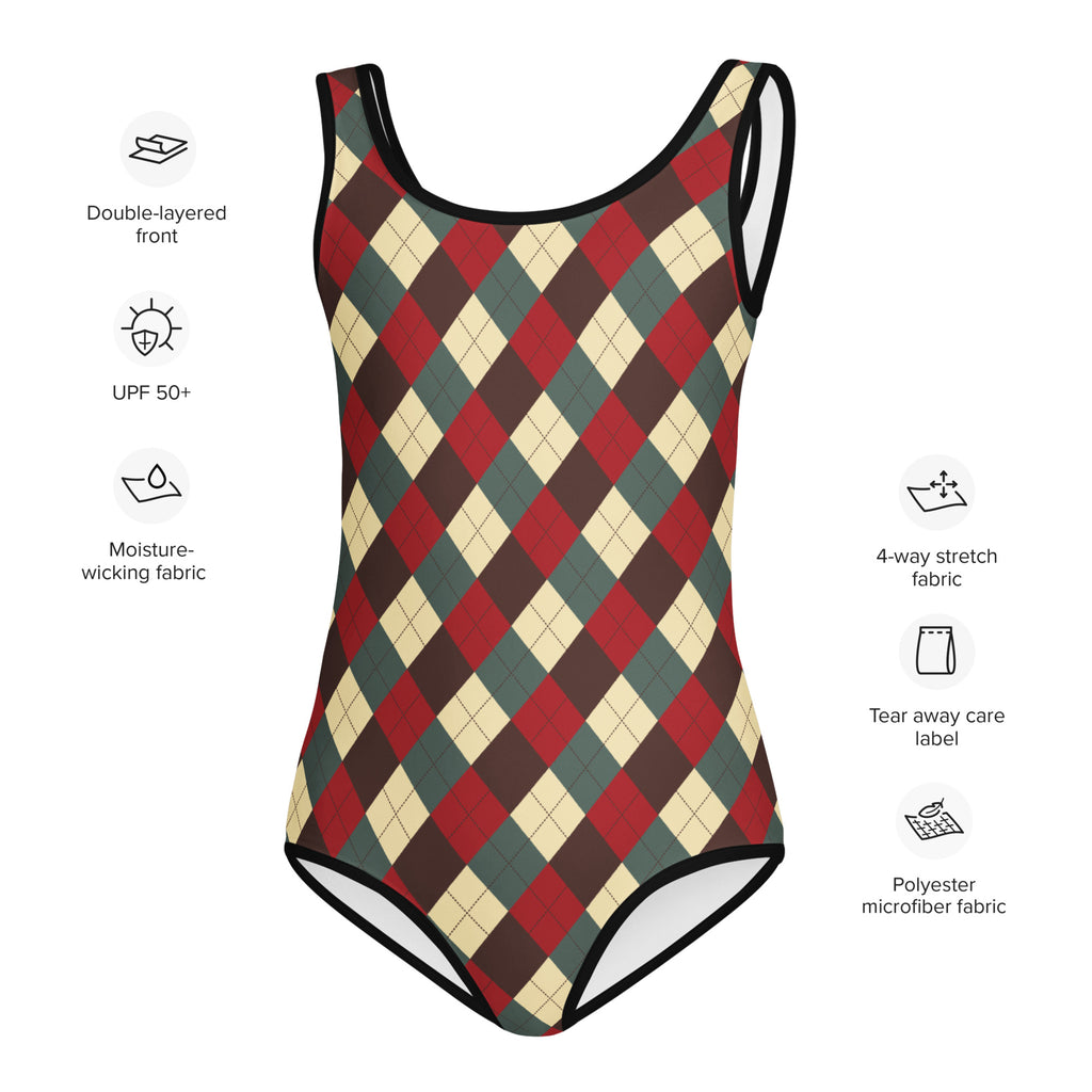 Girls Christmas colors argyle buttery soft one-piece swimsuit in red green and beige with black trim and UPF 50 plus protection
