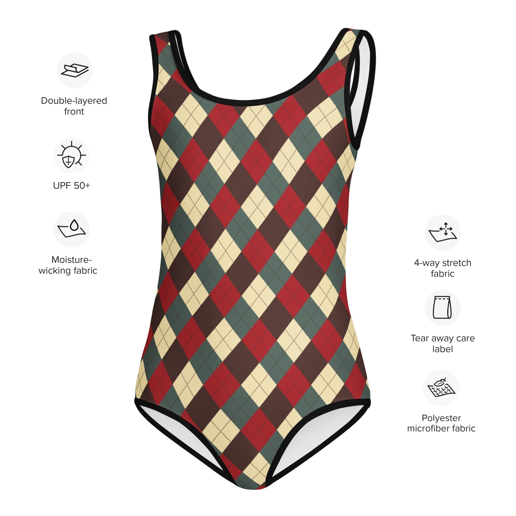 Girls Christmas colors argyle buttery soft one-piece swimsuit in red green and beige with black trim and UPF 50 plus protection
