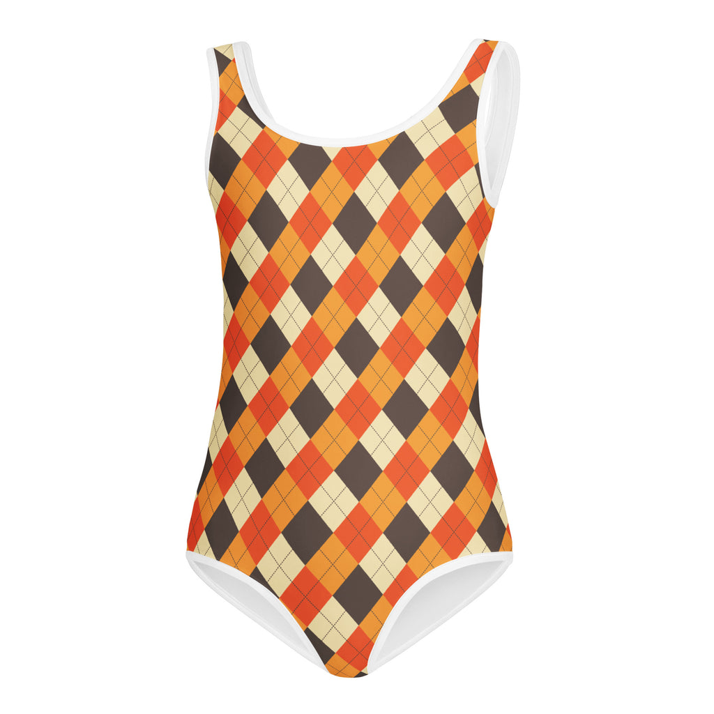 Girls fall argyle buttery soft one-piece swimsuit in orange brown cream with white trim for dance and gymnastics