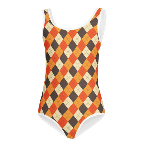 Girls fall argyle buttery soft one-piece swimsuit in orange brown cream with white trim for dance and gymnastics