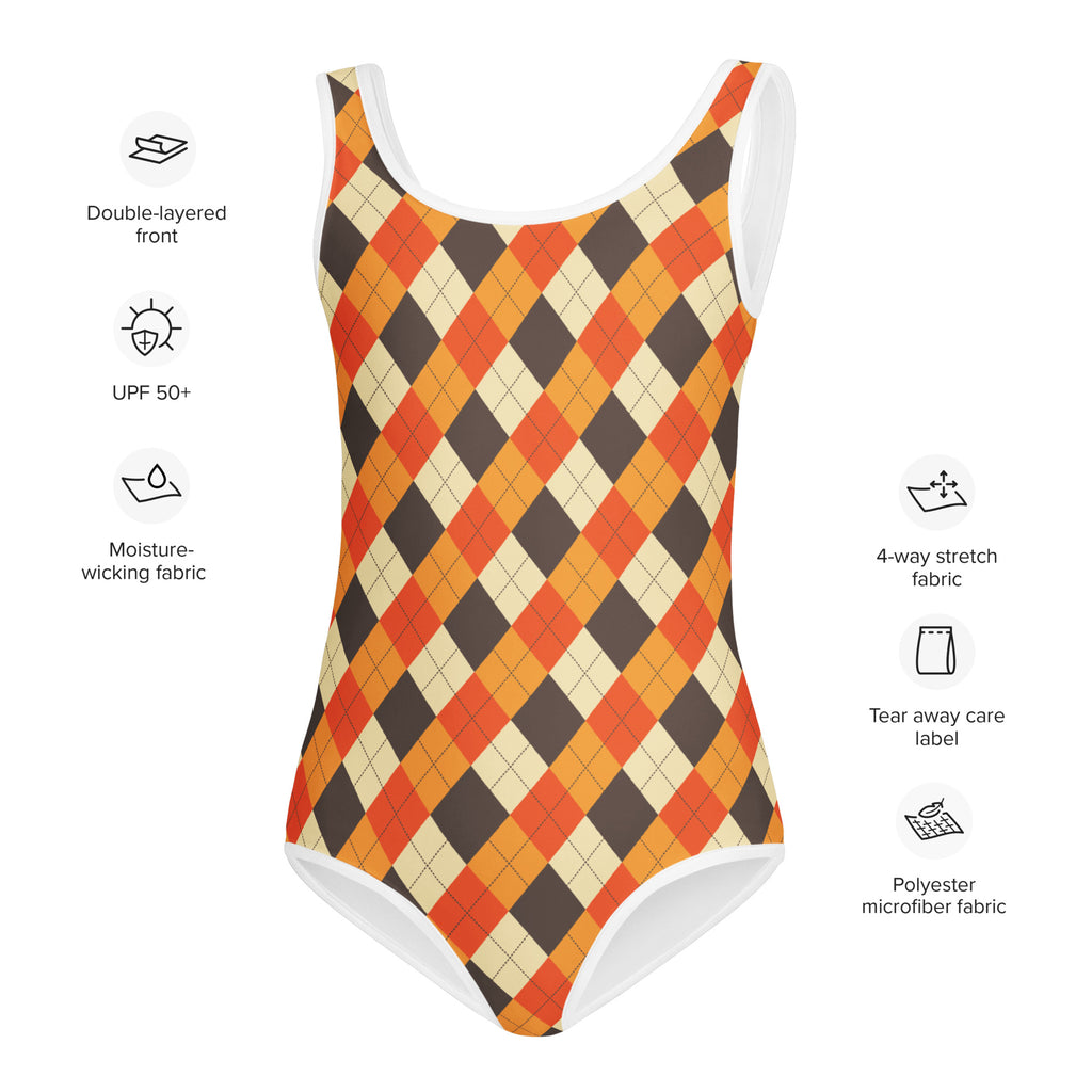 Girls fall argyle buttery soft one-piece swimsuit in orange brown and cream polyester microfiber with UPF 50+ protection