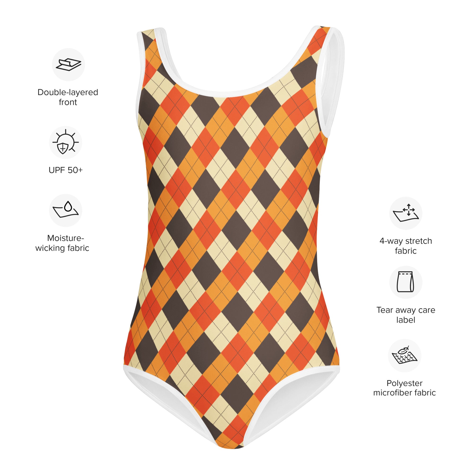 Girls fall argyle buttery soft leotard with vibrant orange brown cream argyle polyester microfiber fabric for dance and gymnastics