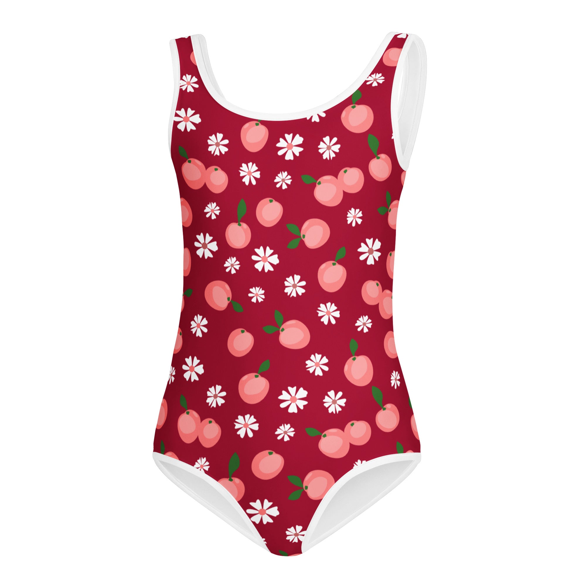 Girls peach blossom buttery soft red leotard with pink peaches white flowers quick drying for dance and gymnastics