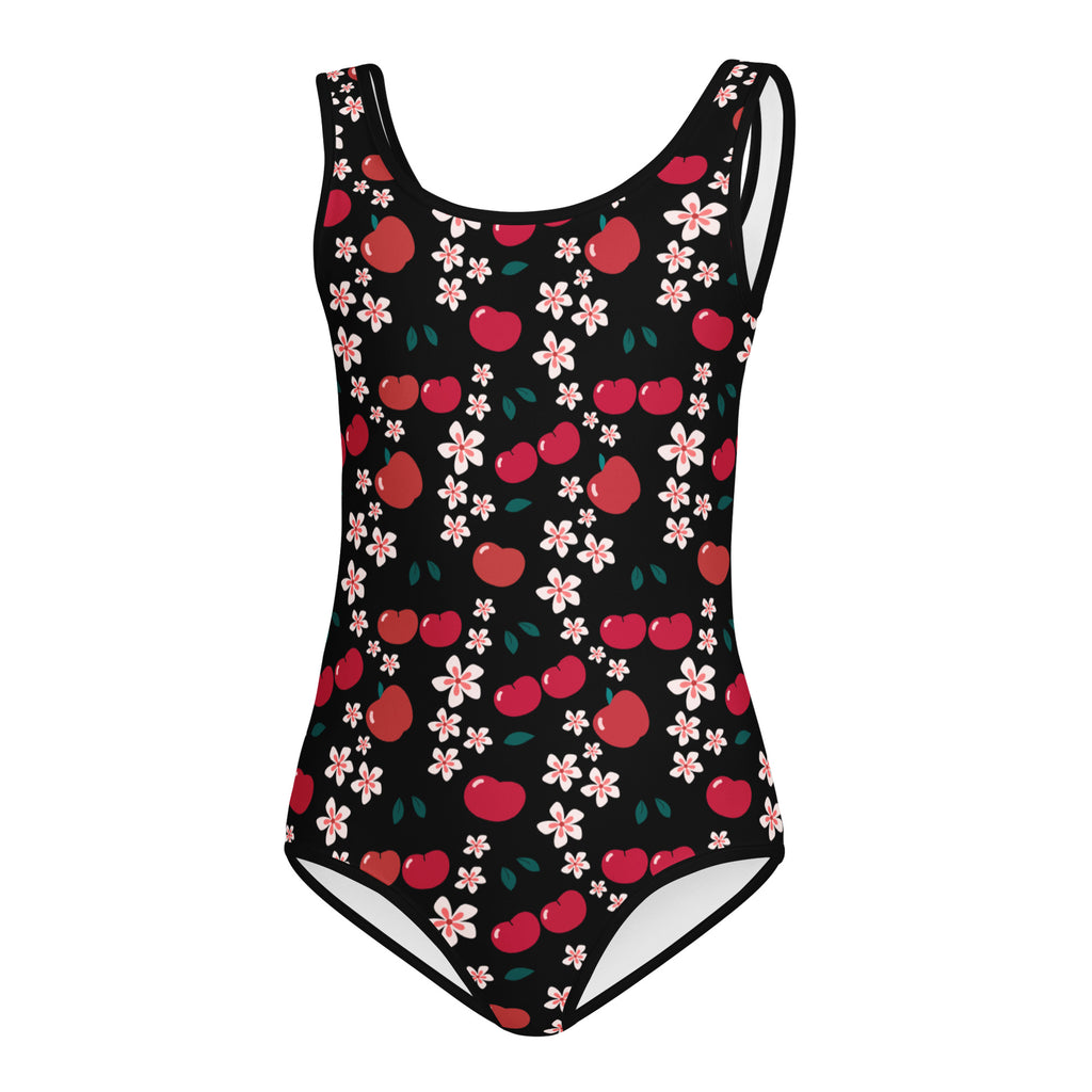 Girls apple blossom buttery soft black one-piece swimsuit with red cherries and pink blossoms for dance and gymnastics