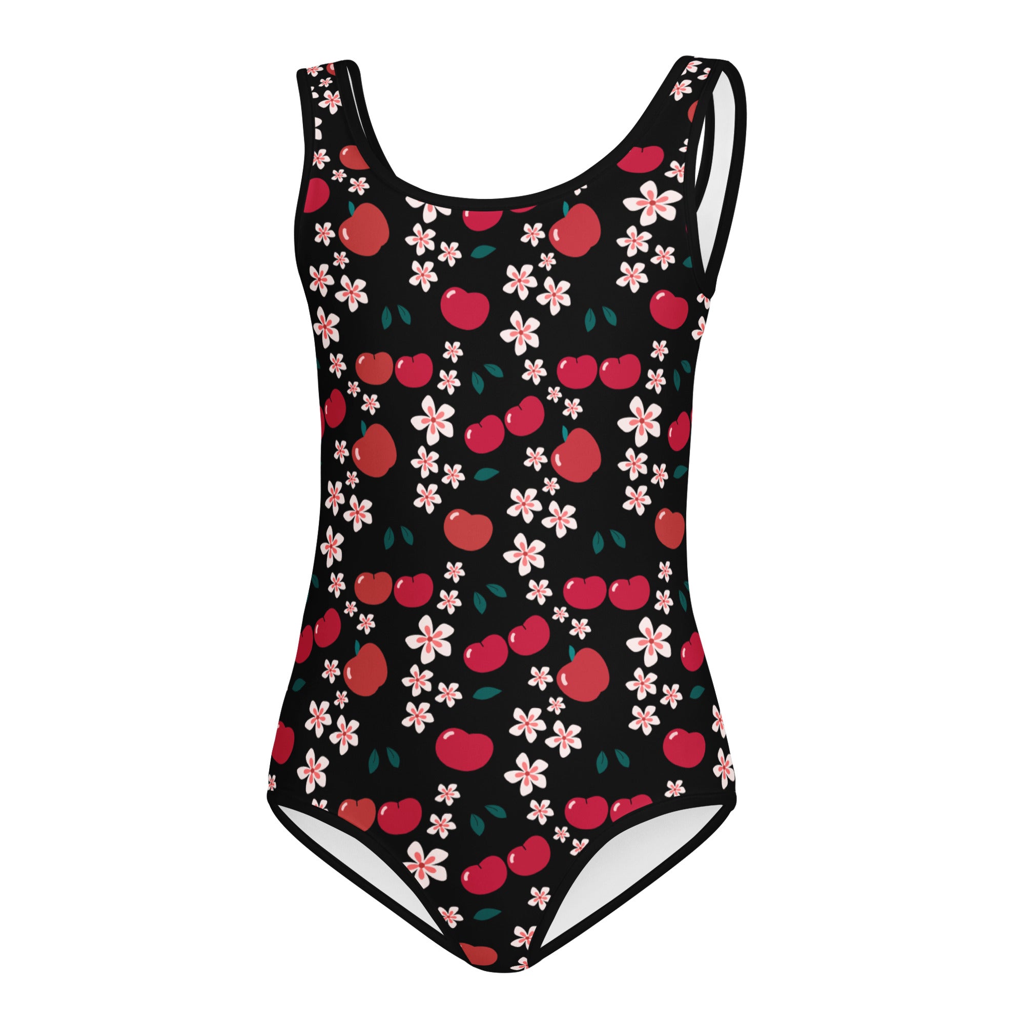 Girls apple blossom buttery soft black one-piece swimsuit with red cherries and pink blossoms for dance and gymnastics