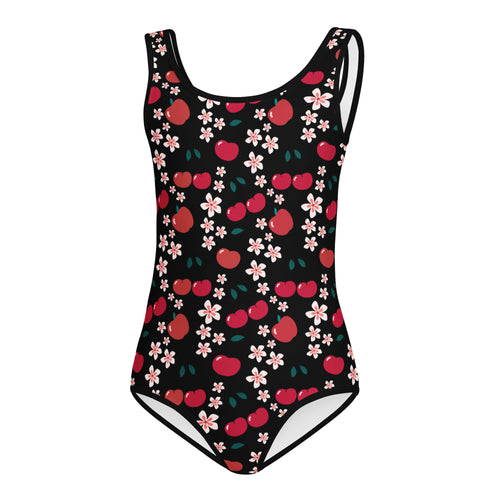 Girls apple blossom buttery soft black one-piece swimsuit with red cherries and pink blossoms for dance and gymnastics
