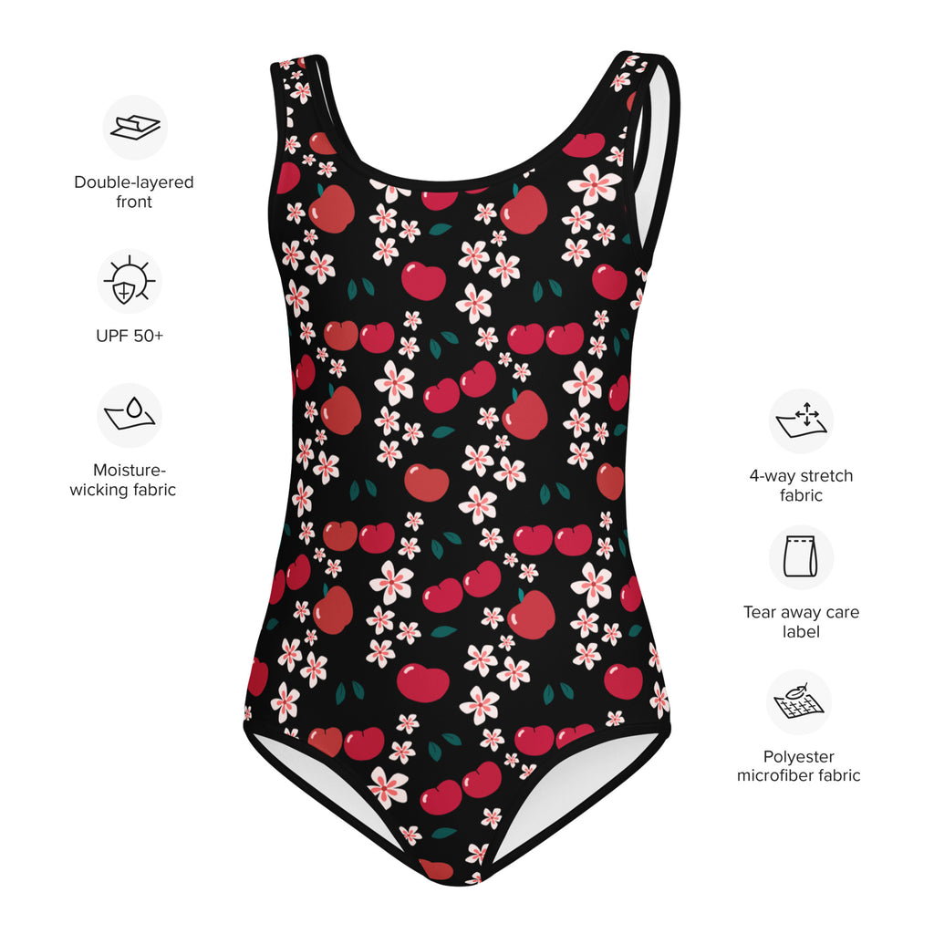 Girls cherry blossom floral black one-piece swimsuit with red cherries pink blossoms in polyester microfiber fabric upf 50+