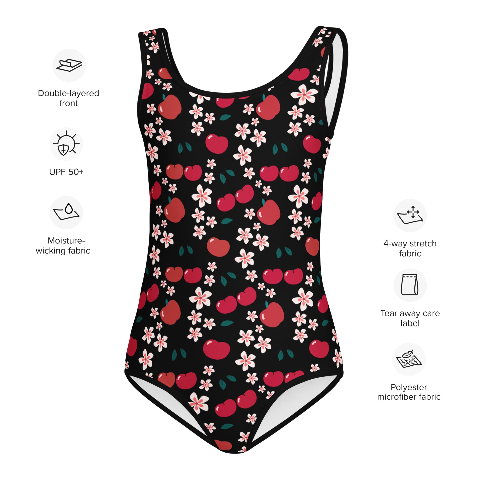 Black girls apple blossom buttery soft leotard with red cherry and pink blossoms pattern made from quick drying polyester microfiber