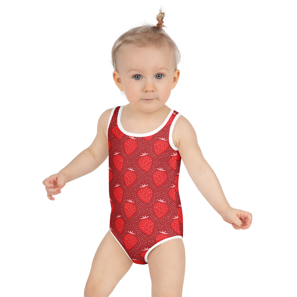 Girls strawberry buttery soft red one-piece swimsuit with white trim and UPF 50 plus sun protection