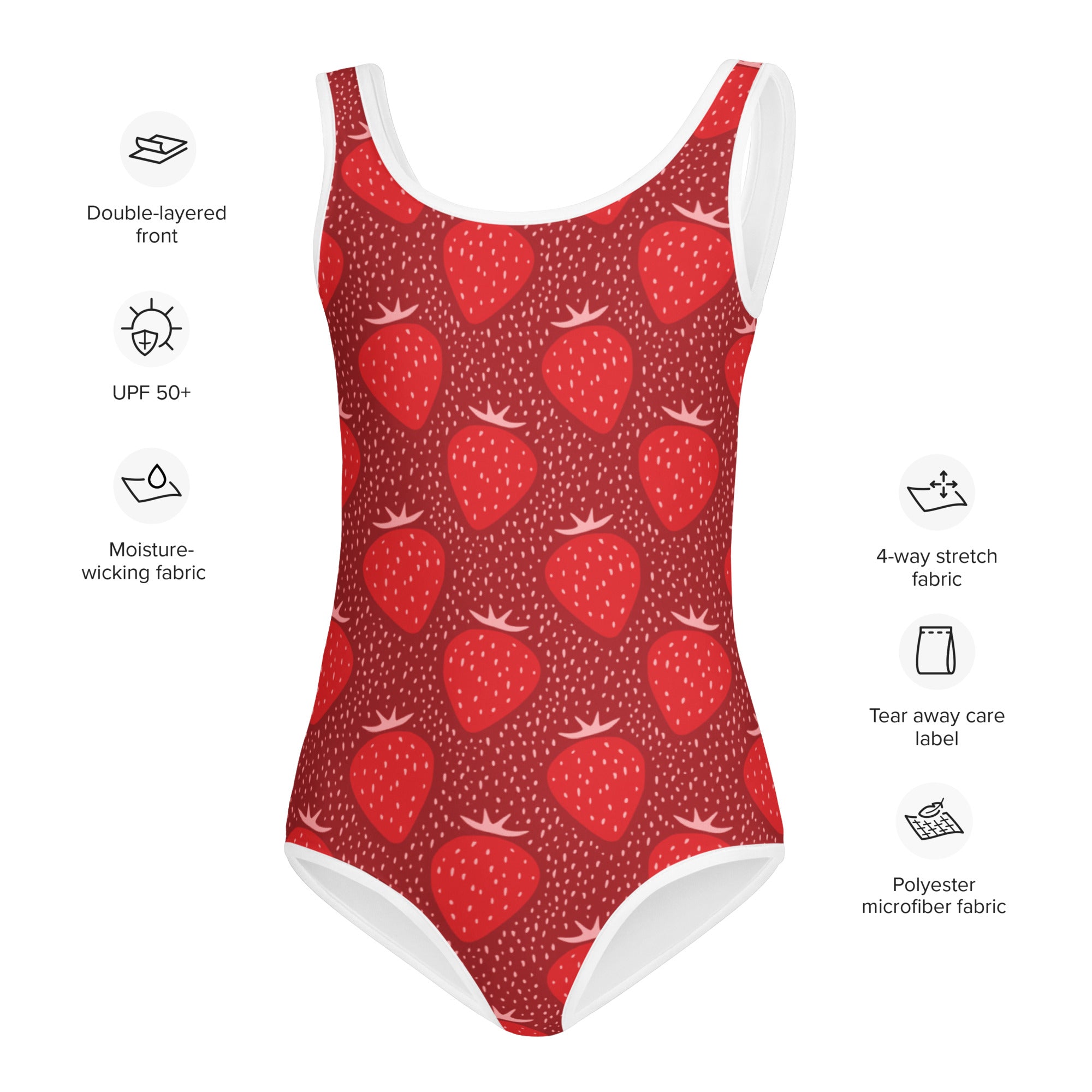 Girls strawberry buttery soft one-piece swimsuit with UPF 50 plus in red polyester microfiber with white trim