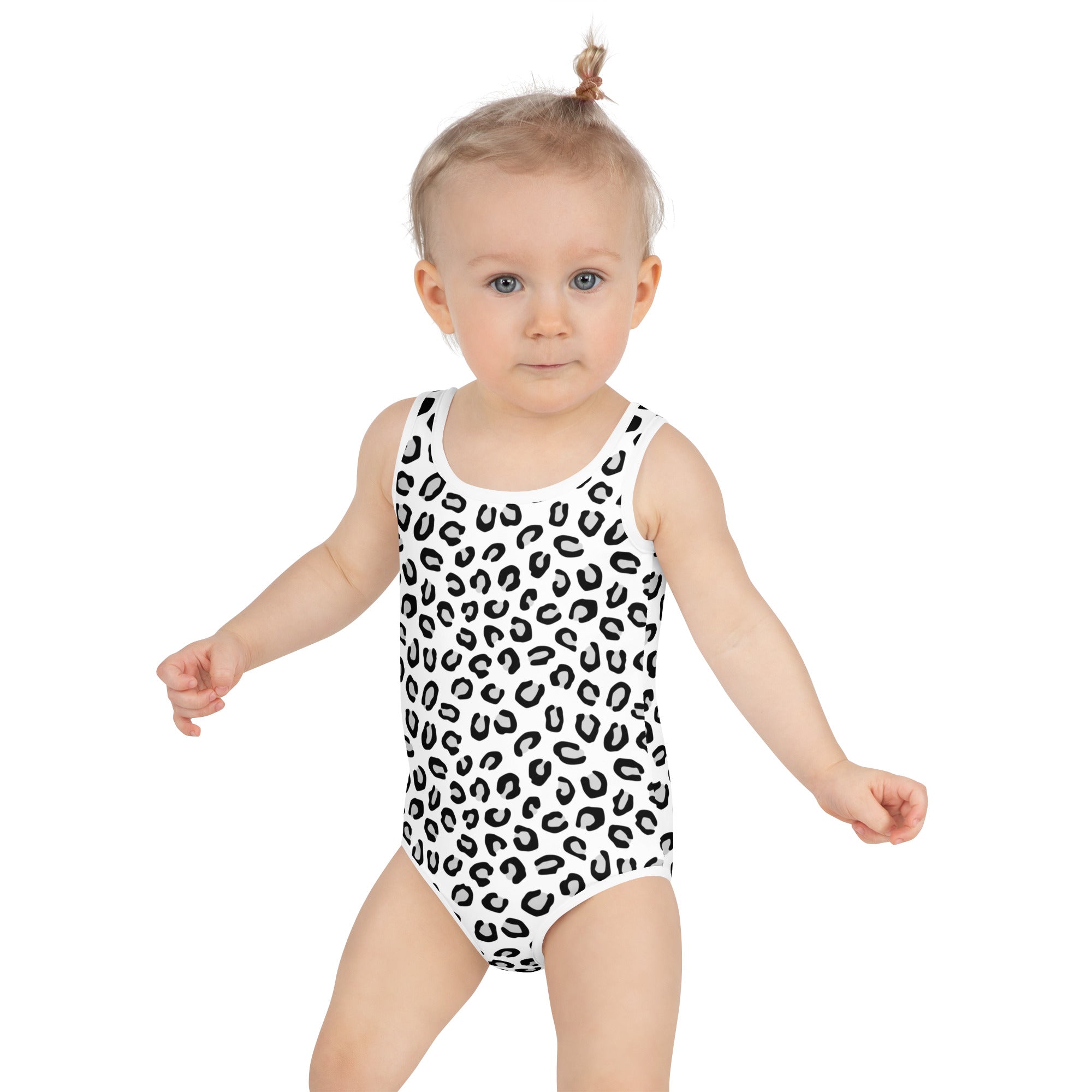 Girls white one-piece swimsuit with black leopard print buttery soft fabric and UPF 50 plus sun protection