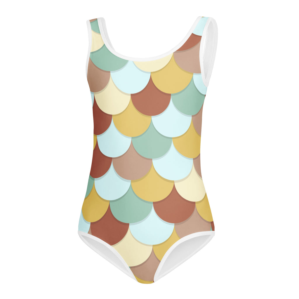 Girls mermaid buttery soft quick drying leotard with vibrant brown yellow teal scale pattern and white trim for dance and gymnastics