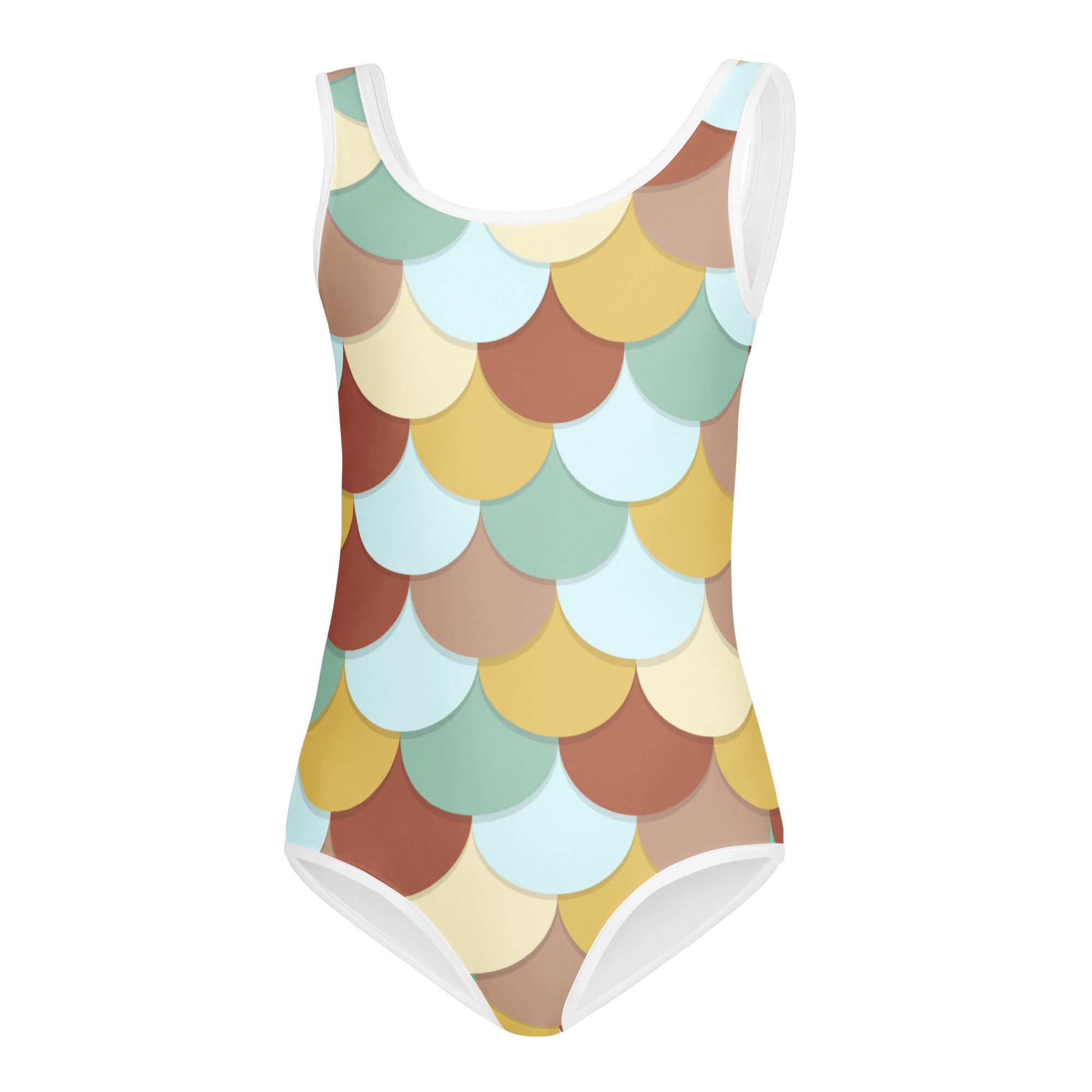 Girls mermaid buttery soft quick drying leotard with vibrant brown yellow teal scale pattern and white trim for dance and gymnastics
