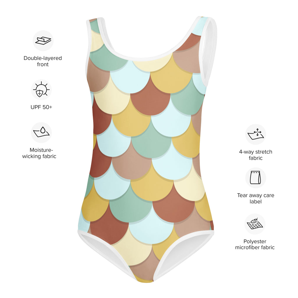 Girls retro mermaid scales buttery soft one-piece swimsuit with vibrant beige tan mint green and yellow scale pattern and white trim