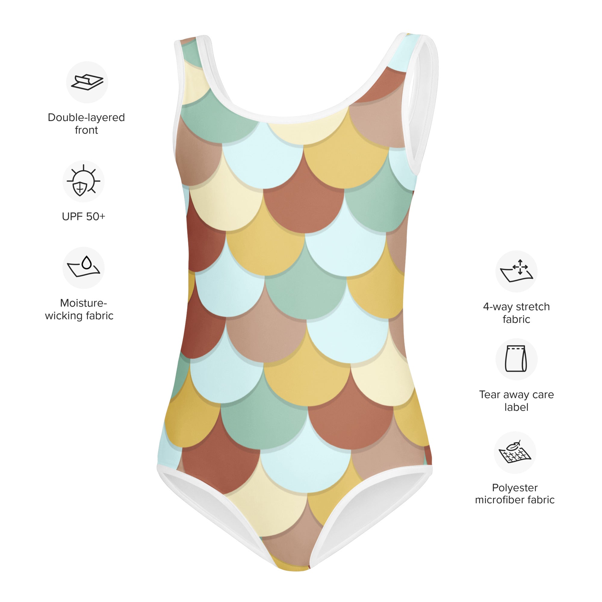 Girls retro mermaid scales buttery soft one-piece swimsuit with vibrant beige tan mint green and yellow scale pattern and white trim