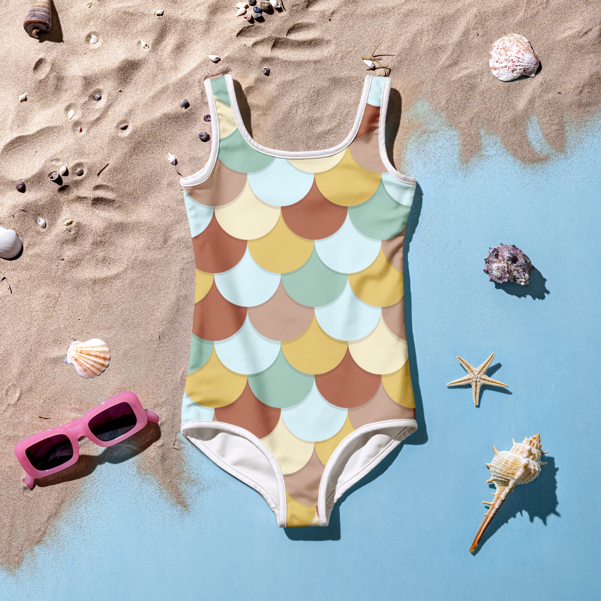 Girls retro mermaid scales buttery soft one-piece swimsuit in beige tan pale yellow and mint green with upf 50 plus