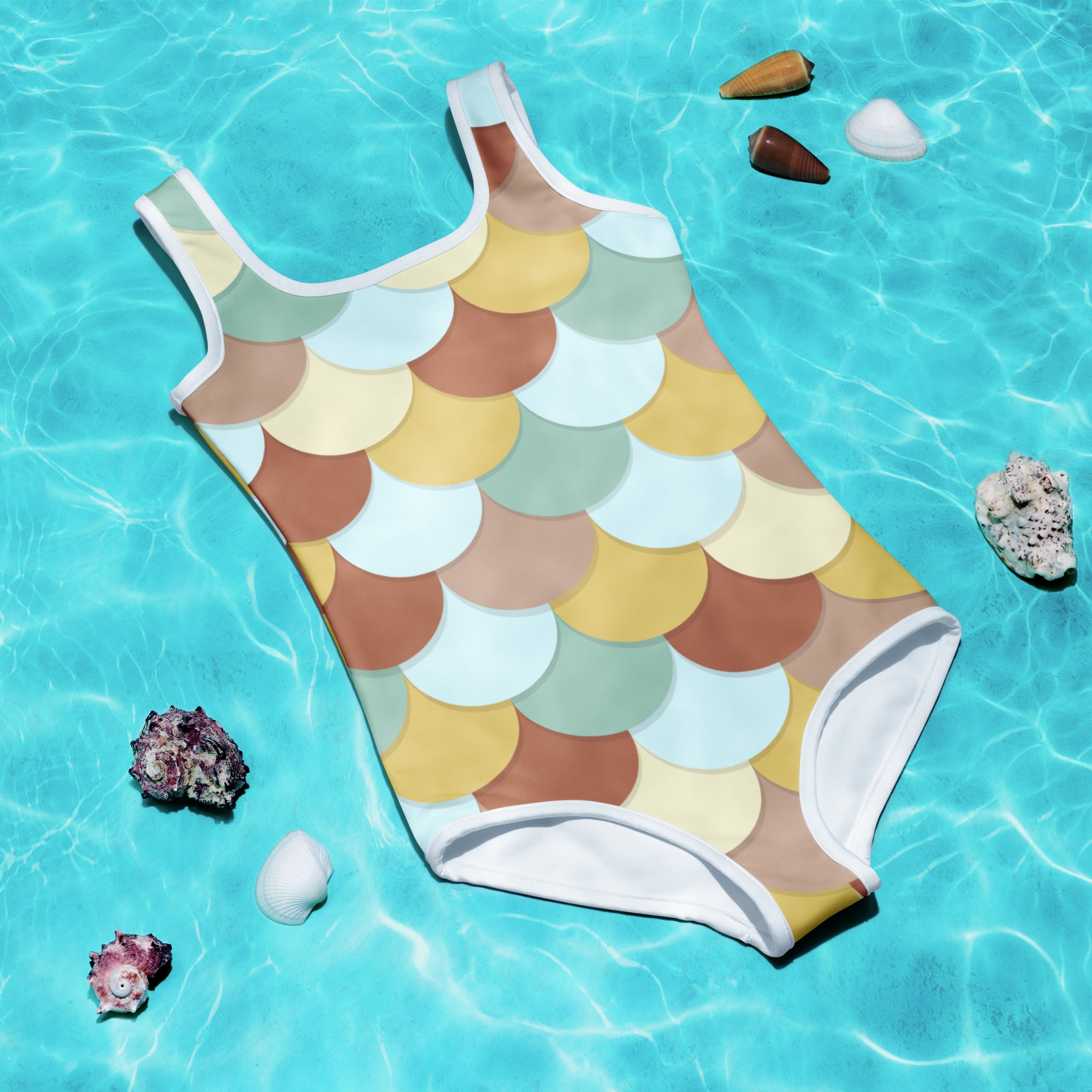 Girls retro mermaid scales buttery soft one-piece swimsuit with UPF 50+ in beige yellow and muted green with white trim