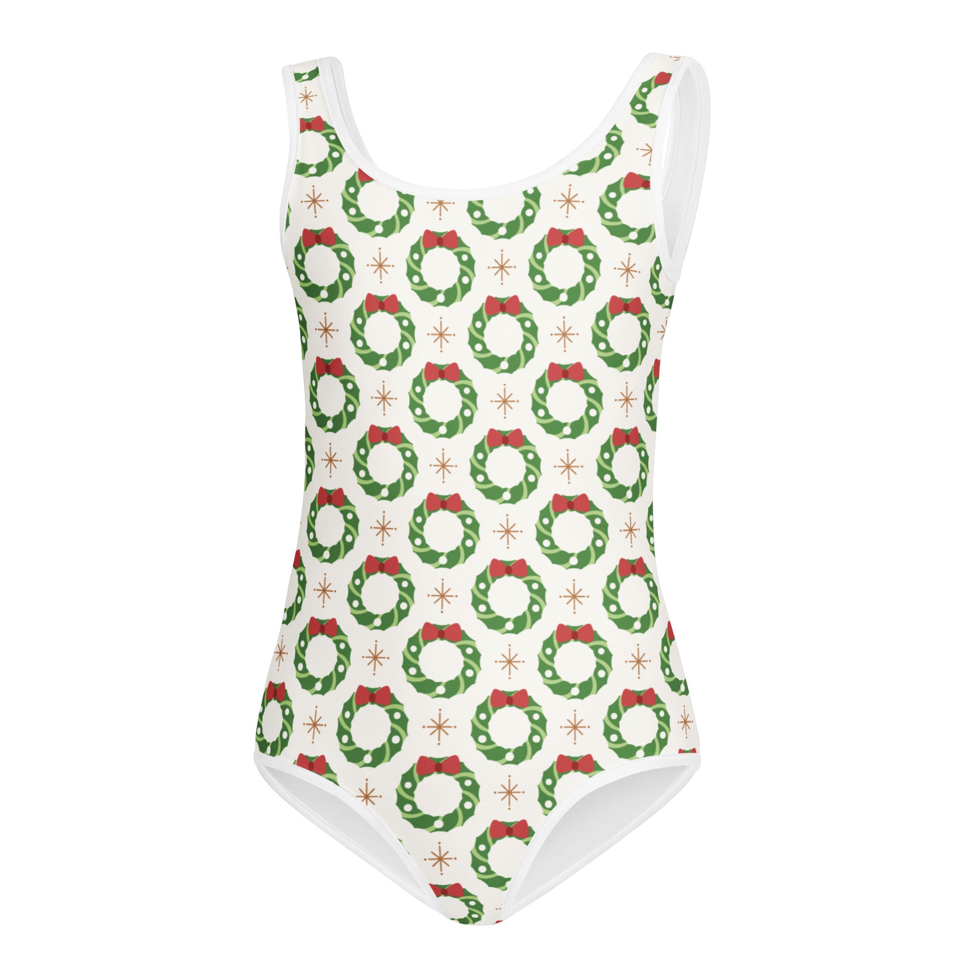 White girls christmas wreath buttery soft one-piece swimsuit with green wreaths red bows and gold starburst accents