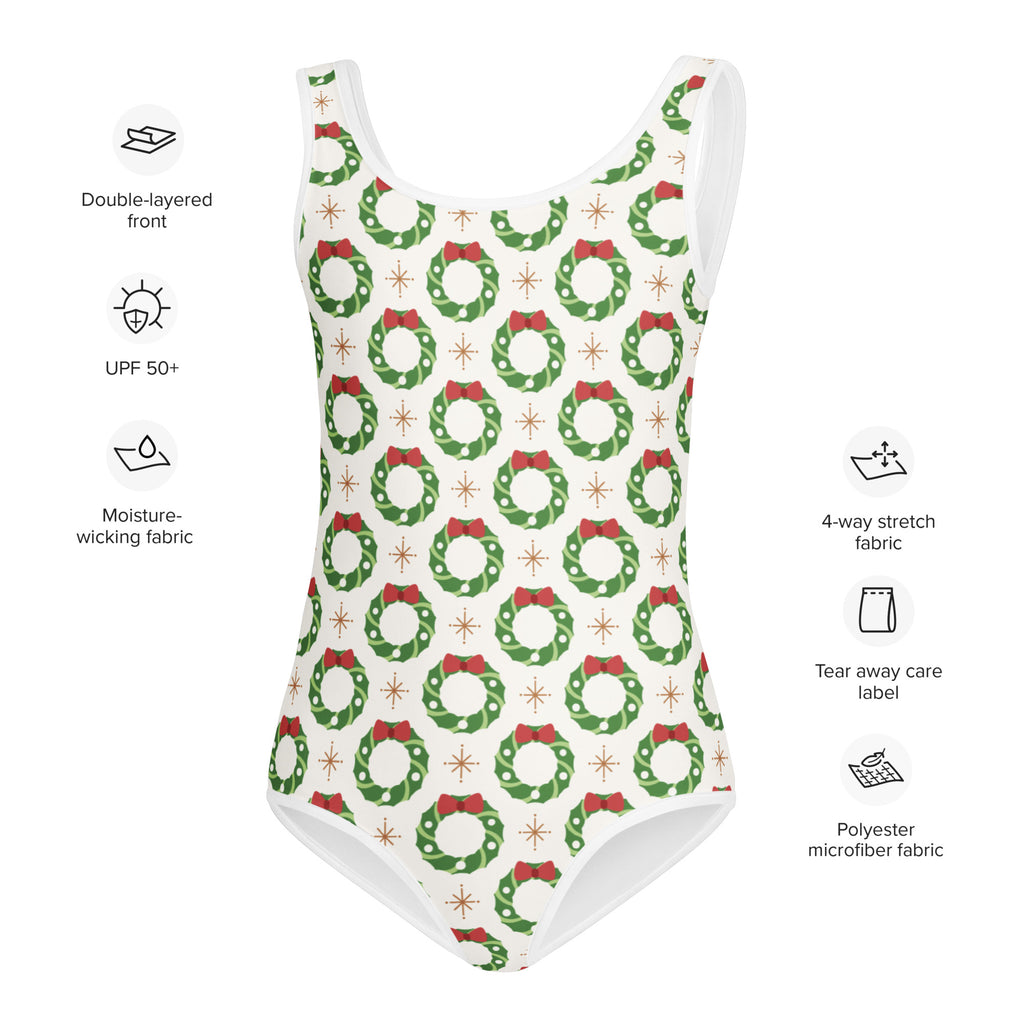 White girls Christmas wreath buttery soft leotard with green wreaths red bows gold starbursts quick drying for dance