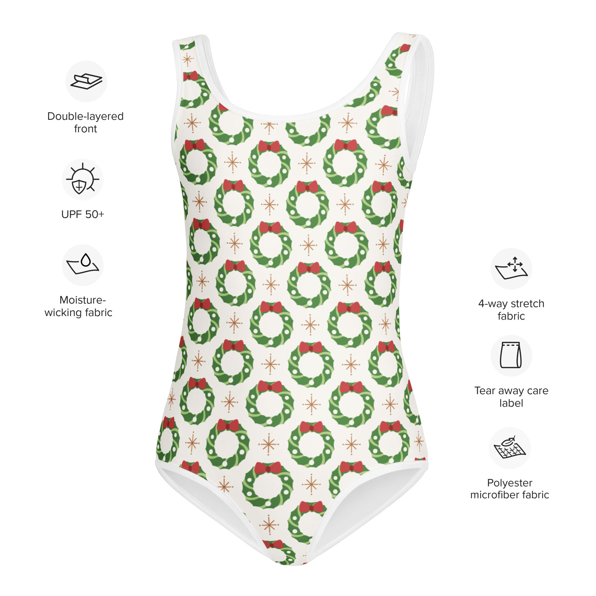 White girls Christmas wreath buttery soft leotard with green wreaths red bows gold starbursts quick drying for dance