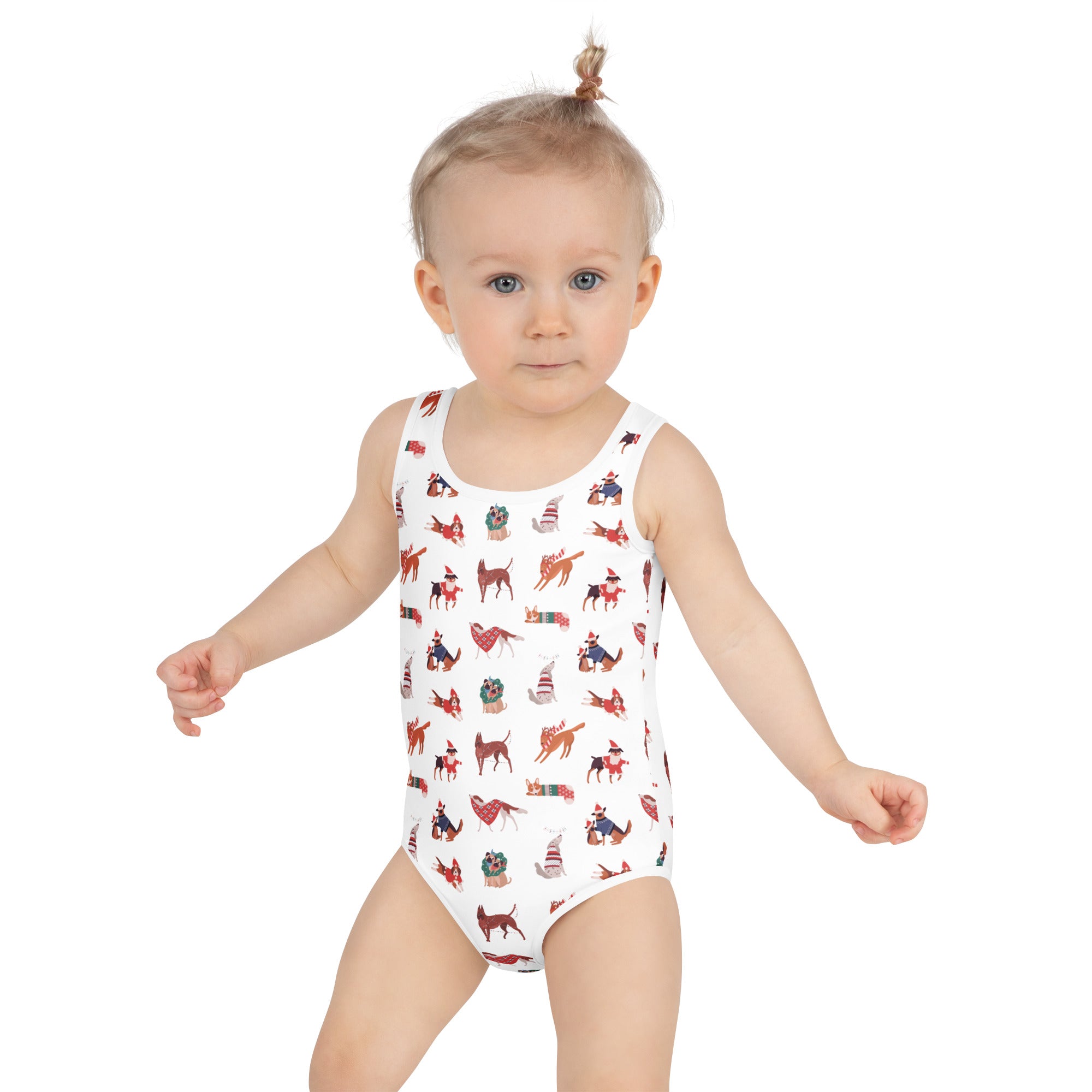 White girls one-piece swimsuit with buttery soft fabric featuring red and brown dogs in festive holiday attire with upf 50+