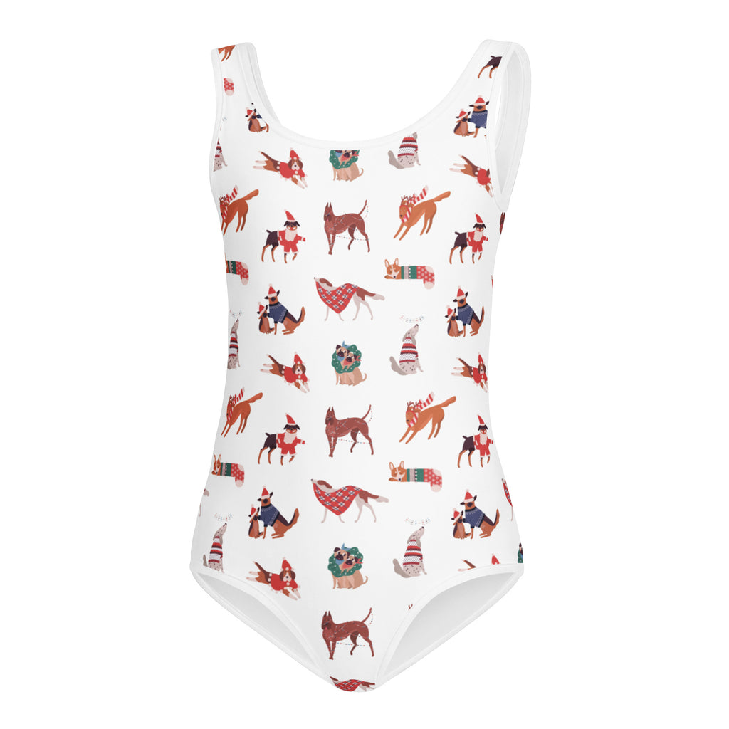 White girls Christmas dogs buttery soft leotard with festive cartoon dogs in holiday attire for dance and gymnastics