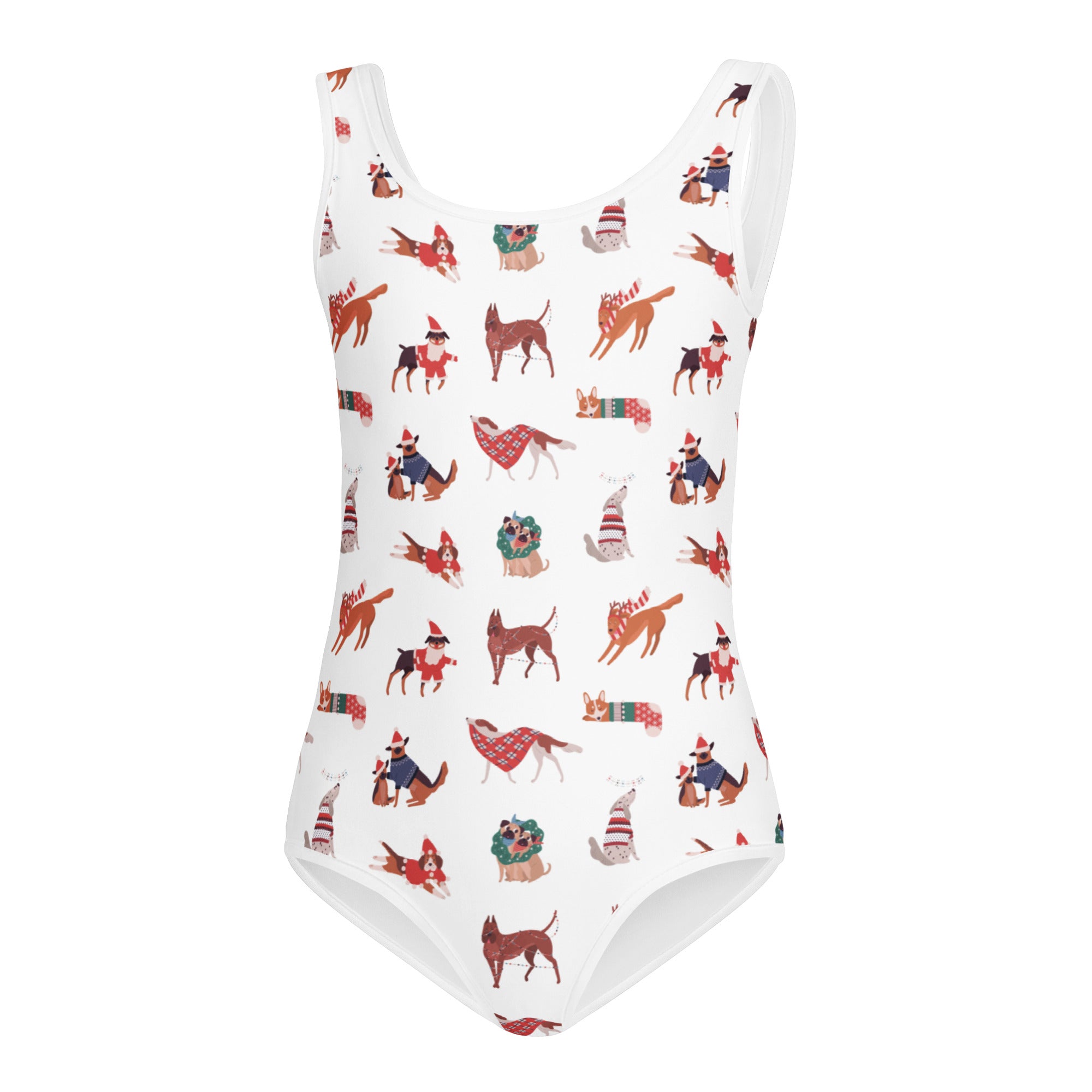 White girls Christmas dogs buttery soft leotard with festive cartoon dogs in holiday attire for dance and gymnastics