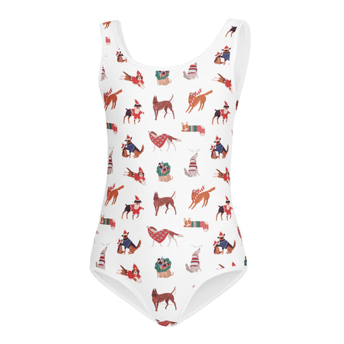 White girls Christmas dogs buttery soft leotard with festive cartoon dogs in holiday attire for dance and gymnastics