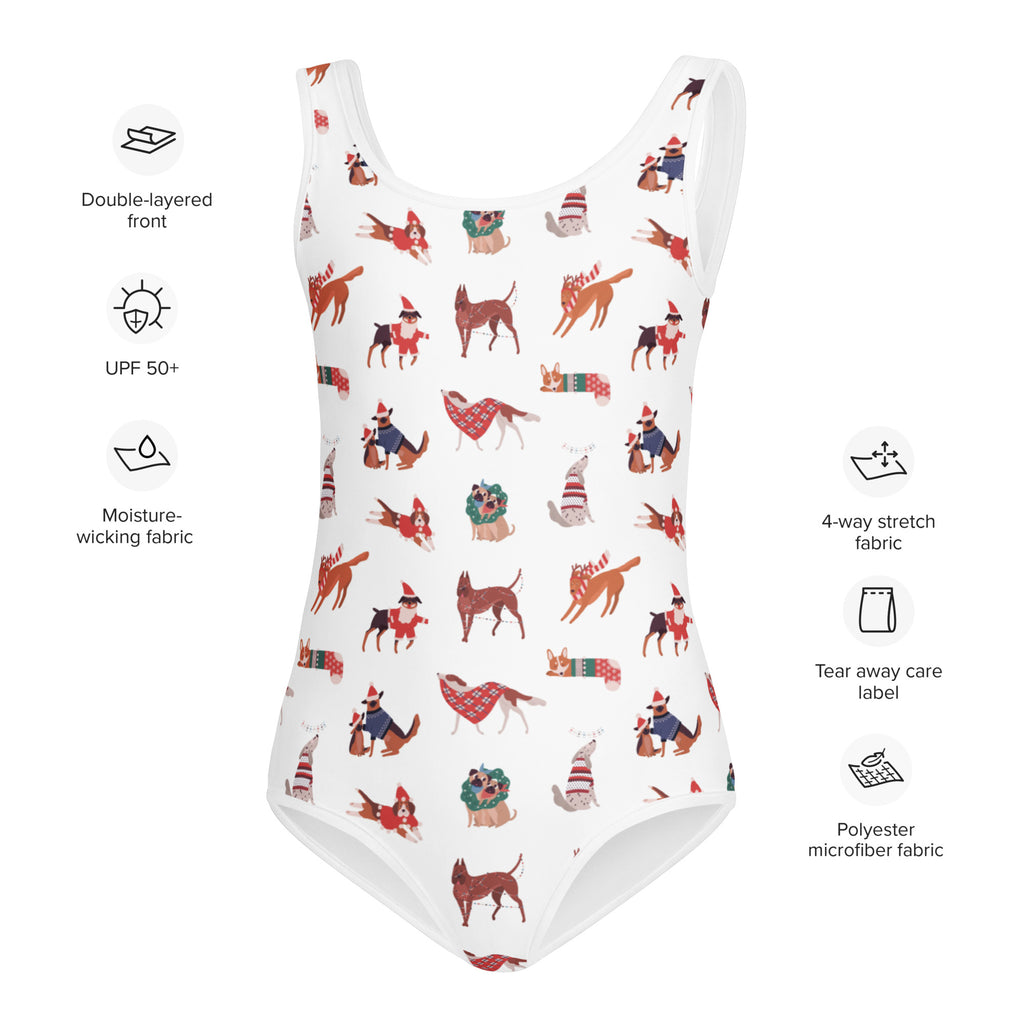 White girls one-piece swimsuit with buttery soft fabric and festive cartoon dogs print and upf 50 plus protection