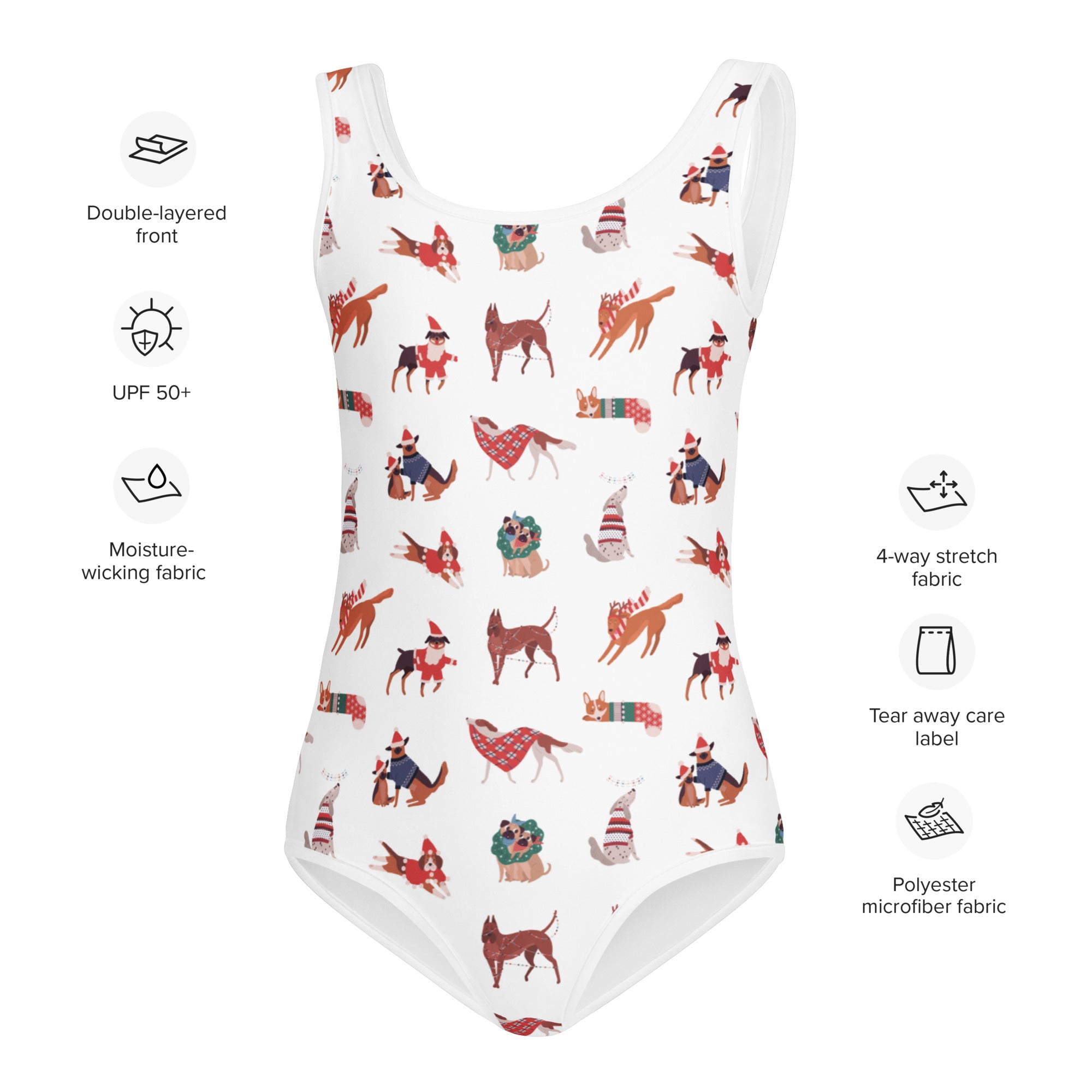 White girls one-piece swimsuit with buttery soft fabric and festive cartoon dogs print and upf 50 plus protection