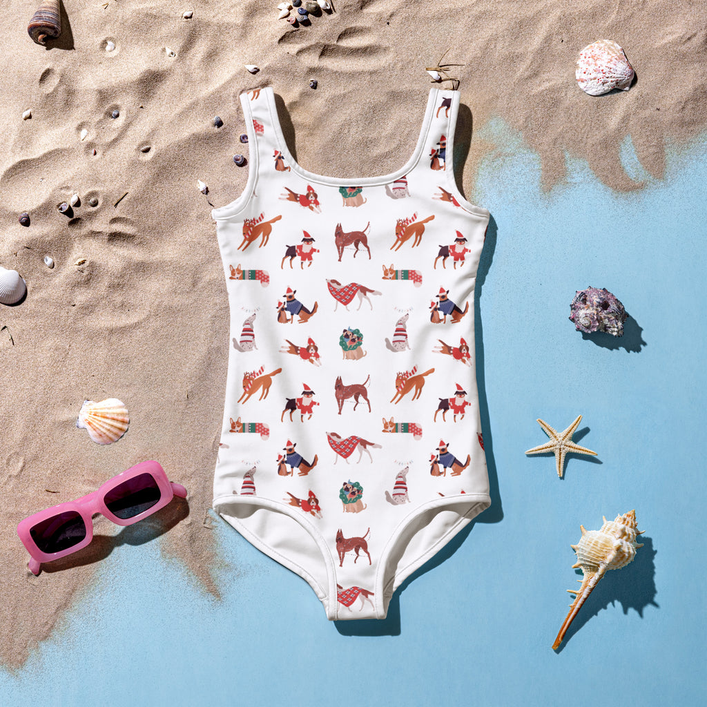 White girls one-piece swimsuit with cartoon dogs in festive holiday attire buttery soft fabric upf 50 plus