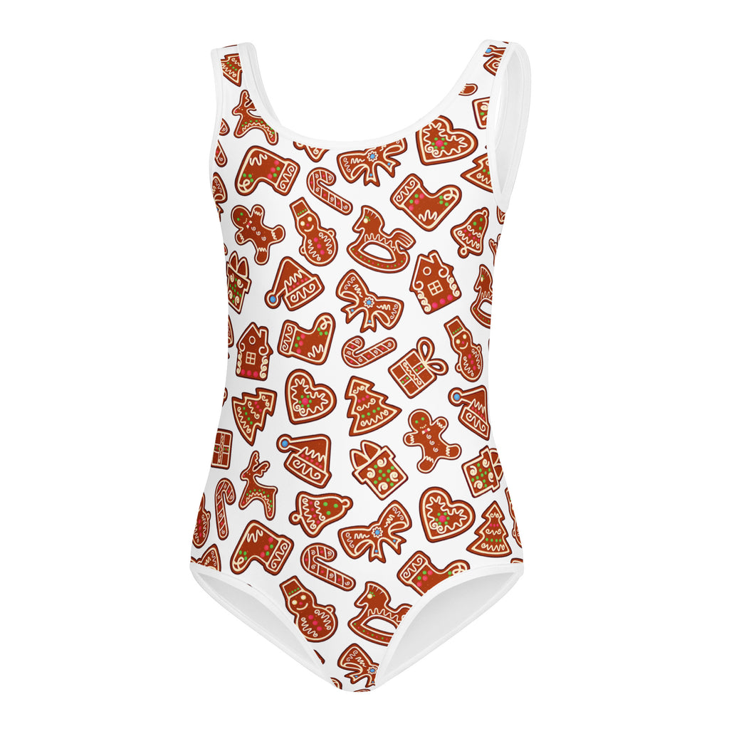 White girls one-piece swimsuit with gingerbread cookie pattern in brown and red buttery soft quick drying fabric