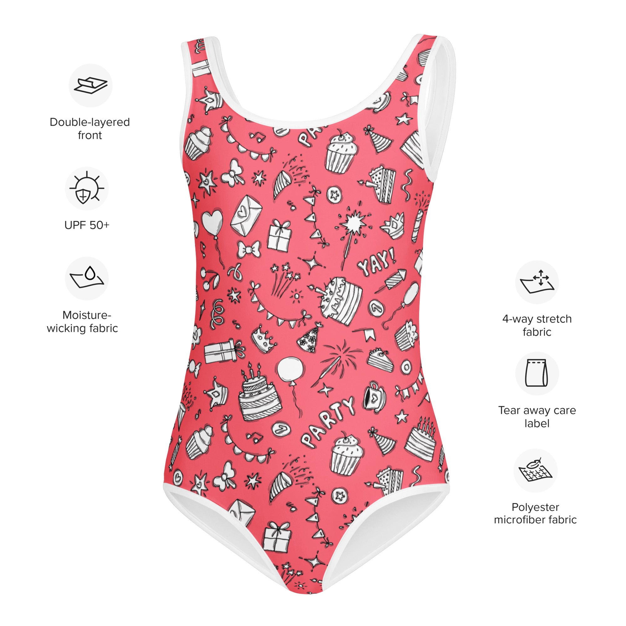 Girls pink buttery soft birthday party swimsuit with white doodles double-layered front and UPF 50+ protection