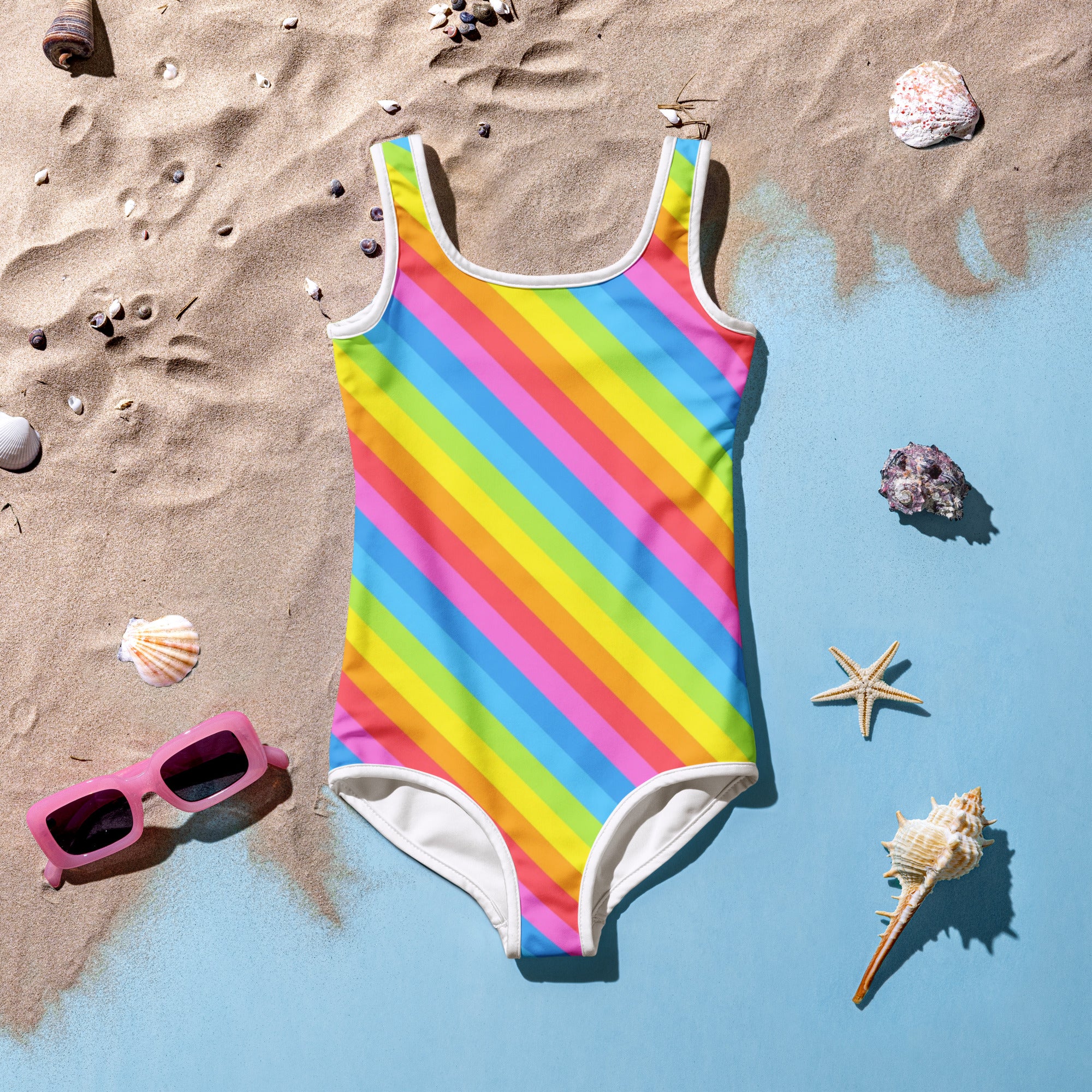 Girls Rainbow Stripe Buttery Soft Swimsuit With UPF 50+