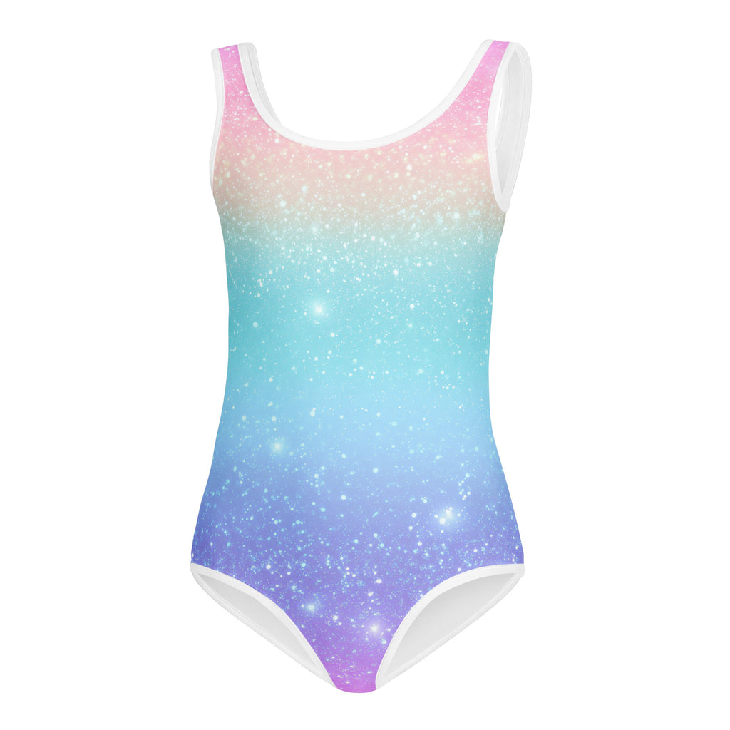 Girls pastel gradient galaxy-themed one-piece faux sparkle leotard with white trim quick drying for dance and gymnastics