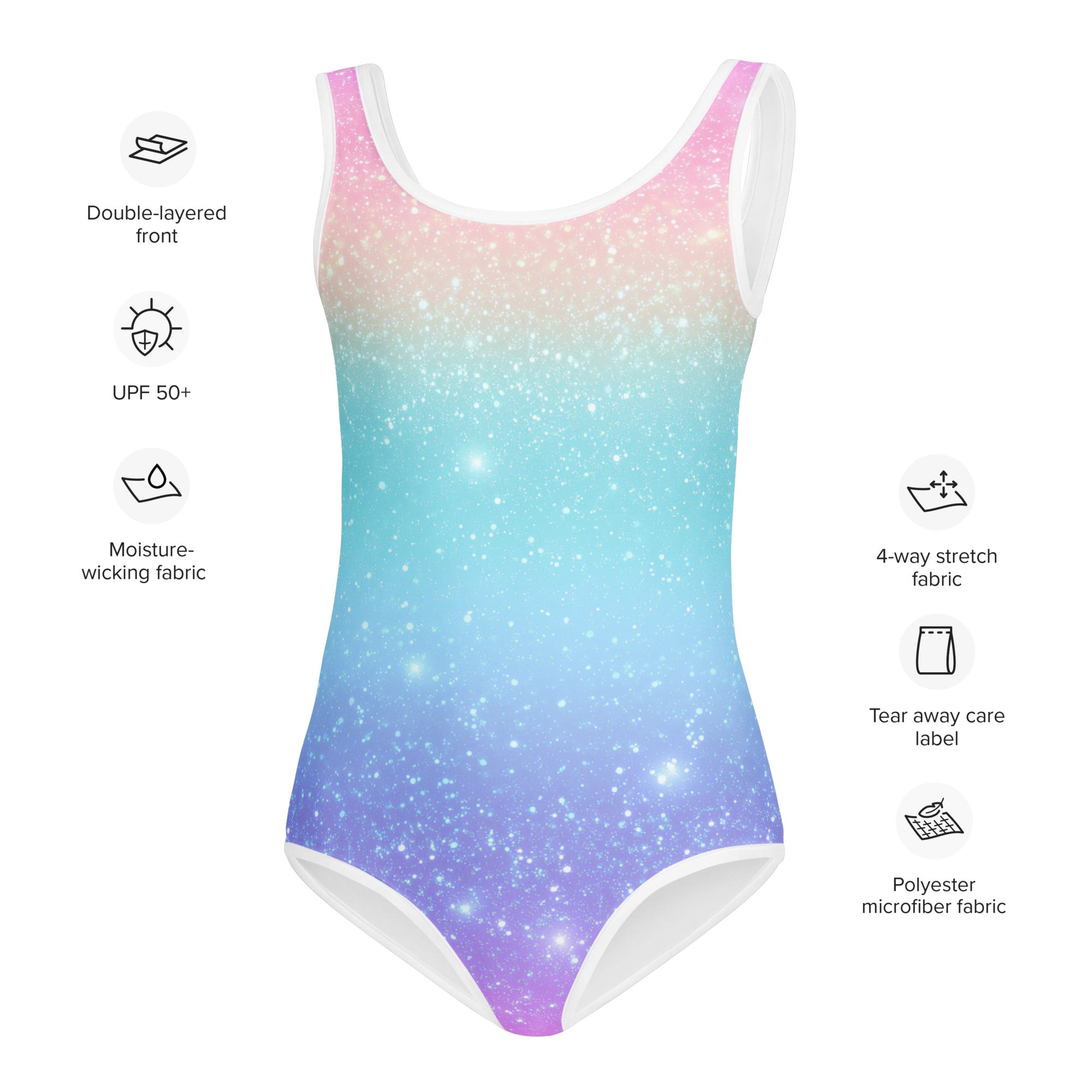 Girls faux sparkle effect rainbow buttery soft leotard in a gradient galaxy print with white trim for dance and gymnastics