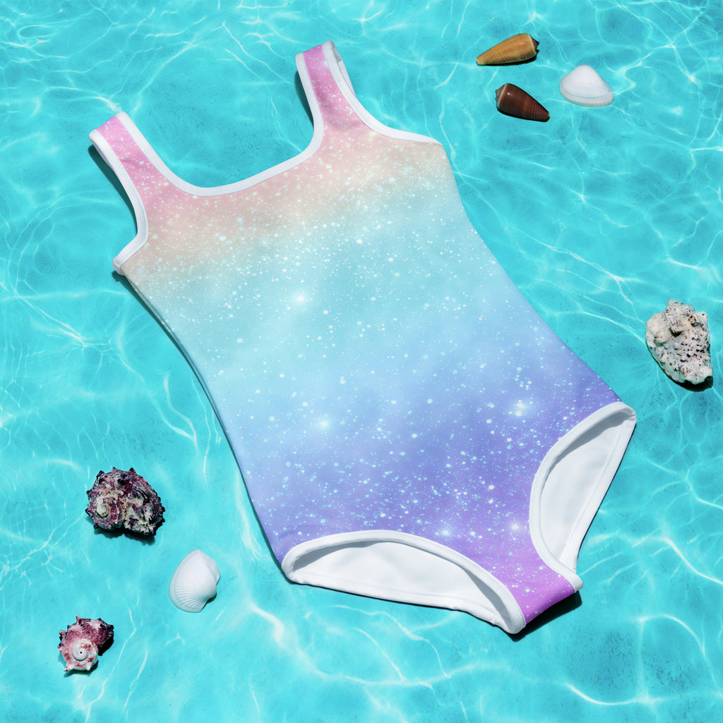 Girls one-piece swimsuit with faux sparkle effect, gradient galaxy pink to purple, white trim, buttery soft fabric, UPF 50+