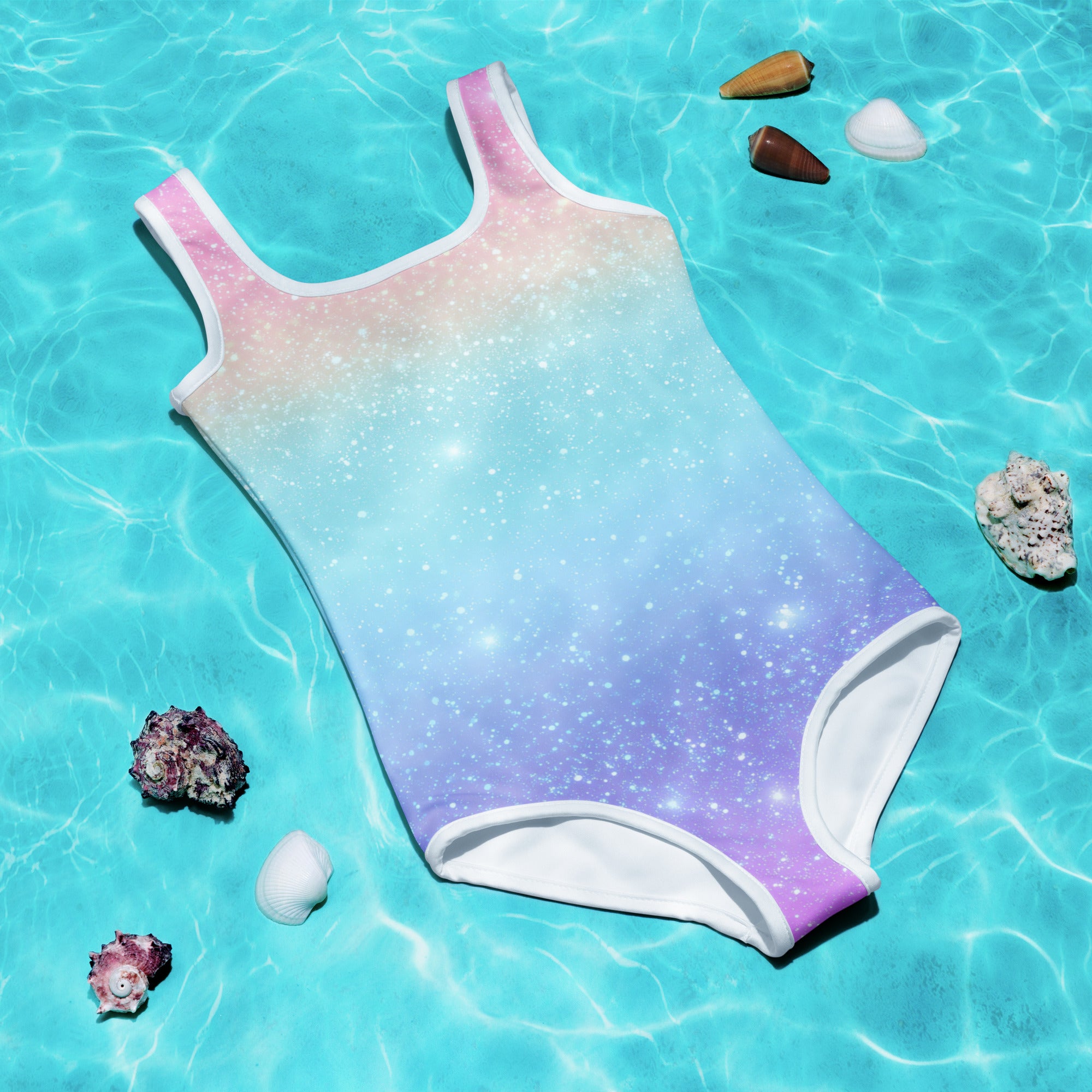 Girls one-piece swimsuit with faux sparkle effect, gradient galaxy pink to purple, white trim, buttery soft fabric, UPF 50+