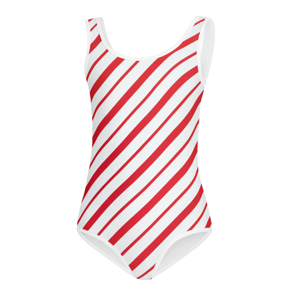 Girls candy cane stripe buttery soft leotard in red and white with scoop neckline for dance and gymnastics