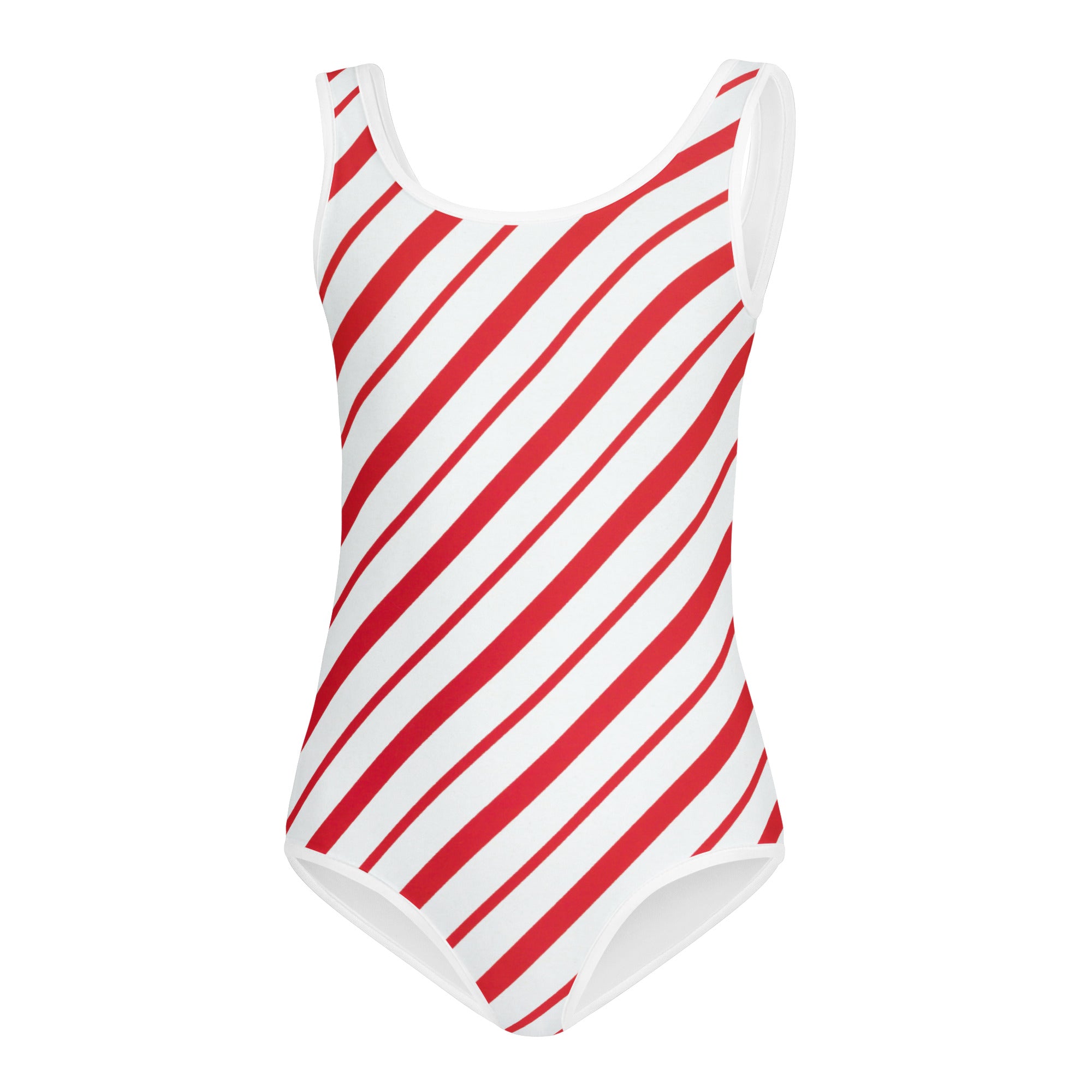 Girls candy cane stripe buttery soft leotard in red and white with scoop neckline for dance and gymnastics