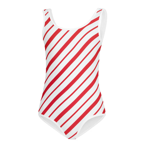 Girls candy cane stripe buttery soft leotard in red and white with scoop neckline for dance and gymnastics