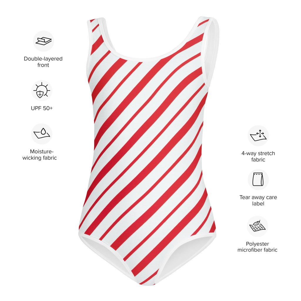 Girls candy cane stripe buttery soft leotard in red and white polyester microfiber for dance and gymnastics