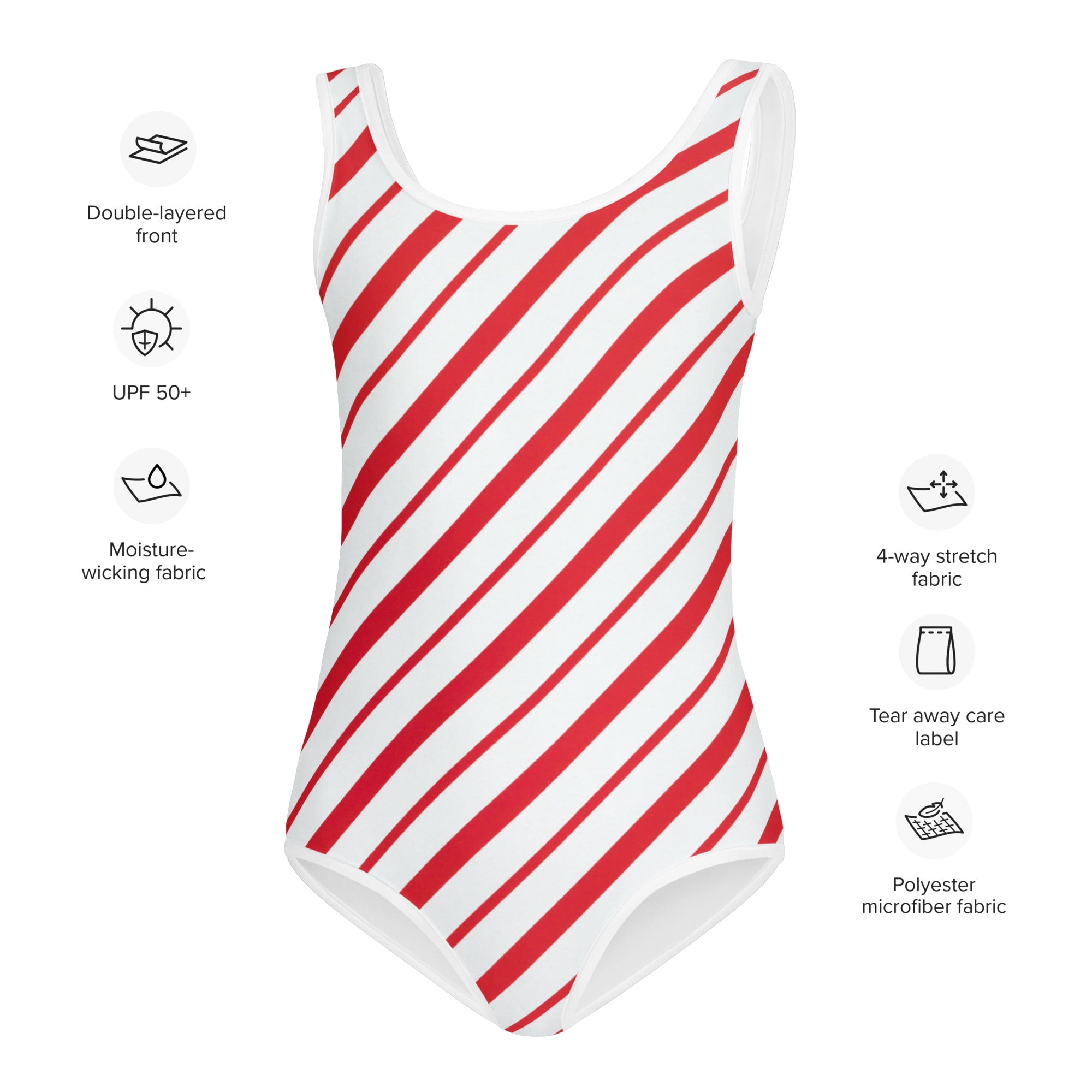 Girls candy cane stripe buttery soft leotard in red and white polyester microfiber for dance and gymnastics