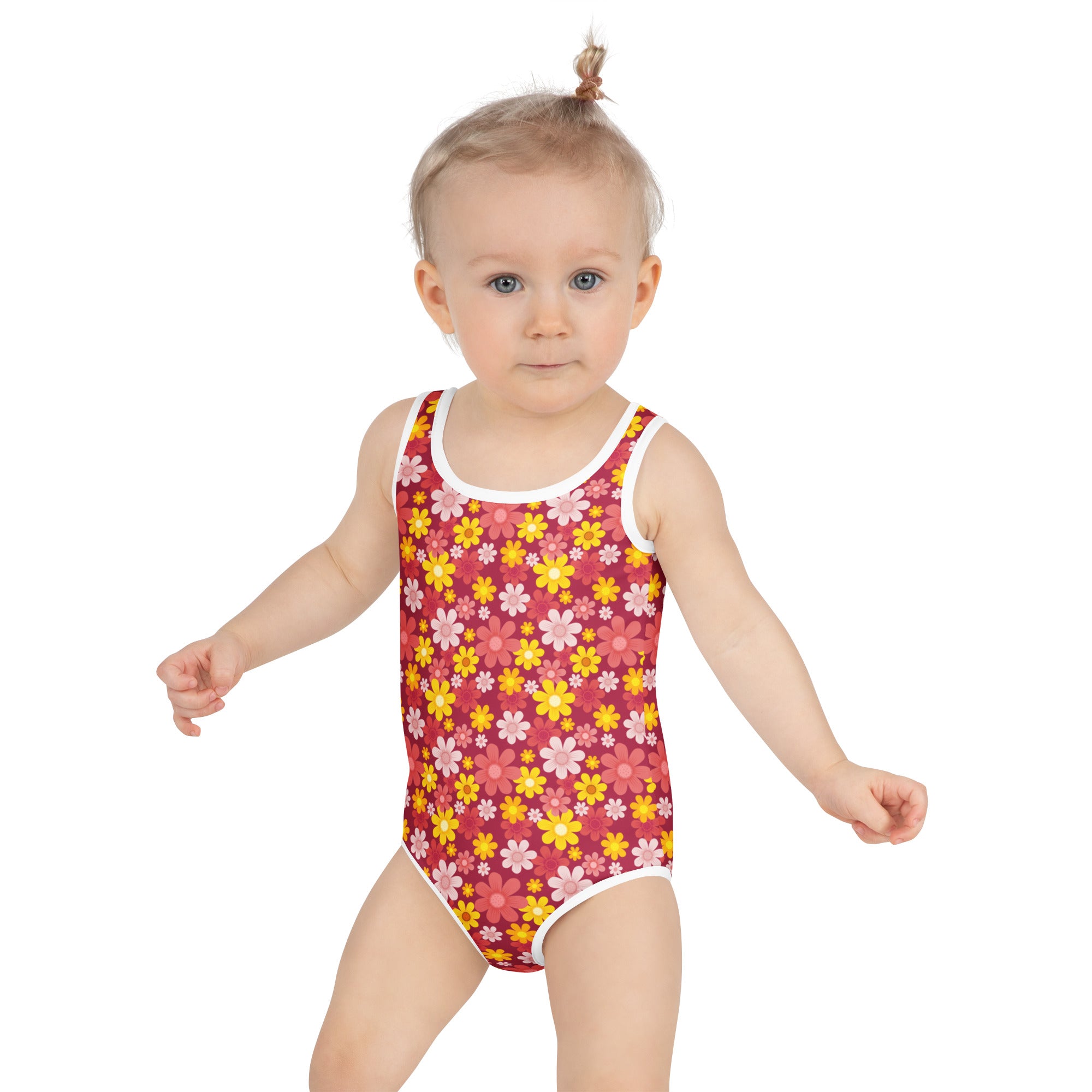 Girls red daisy buttery soft one-piece swimsuit with vibrant floral pattern and UPF 50 plus for sun protection